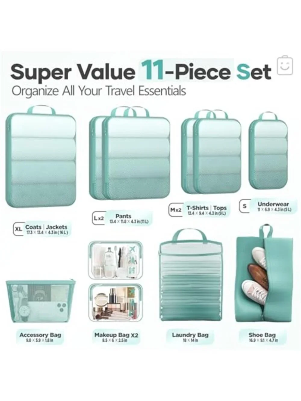 Compression Packing Cubes Travel Organizer Set Luggage Storage Bags 11Pc